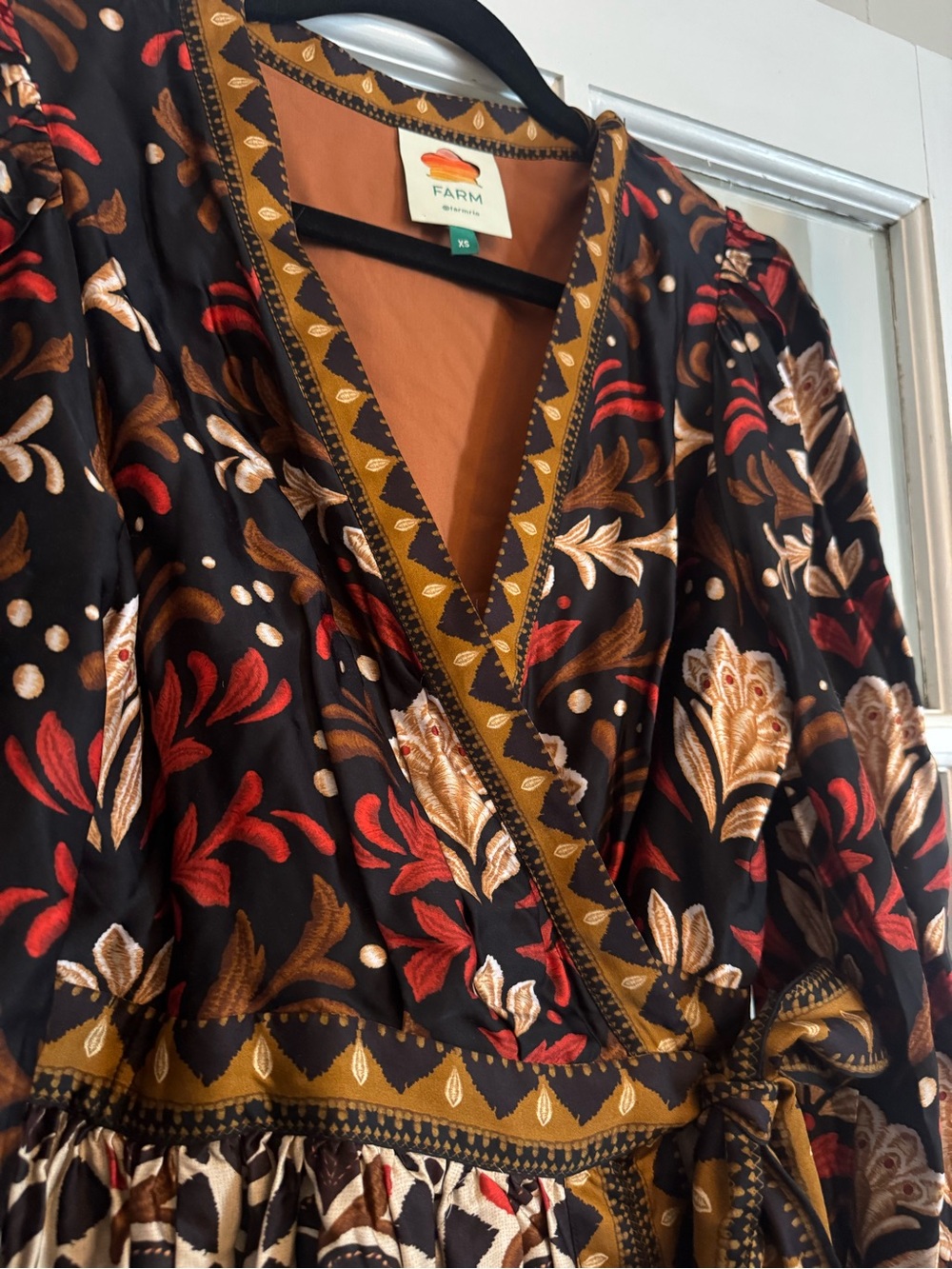 FARM Rio Tapestry Garden Dress Women’s XS Red Brown Belted Mini Wrap Boho - Picture 3 of 7